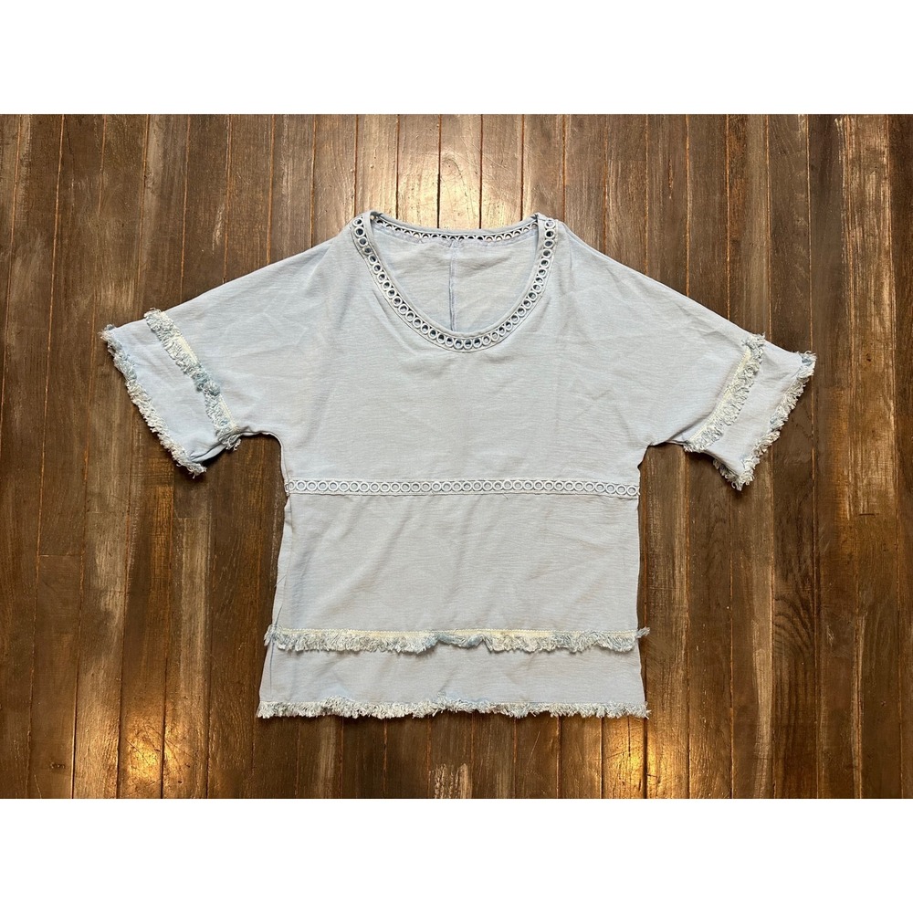Womens Light Blue Frayed Fringe Eyelet Trim Short Sleeve Boho Top